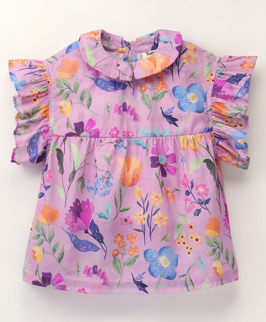 LILAC FLORAL PRINT TOP WITH SELF COLLAR AND FRILLS AT ARMHOLE