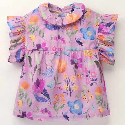 LILAC FLORAL PRINT TOP WITH SELF COLLAR AND FRILLS AT ARMHOLE