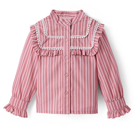 STRIPE PRINT PINK TOP WITH CONTRAST LACE DETAIL