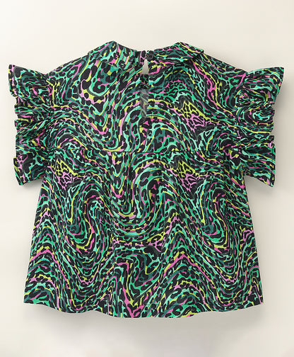 Frill Cap Sleeves Seamless Leopard & Abstract Swirl Printed Top - Green