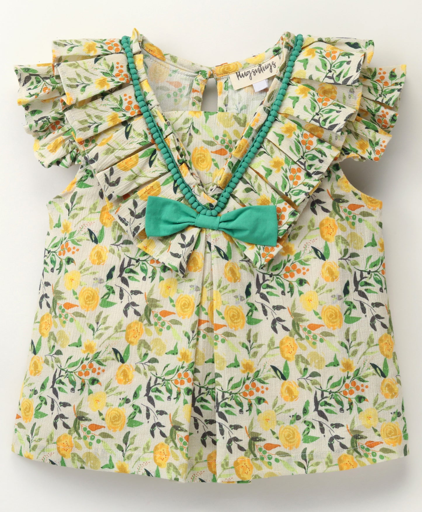 Cap Sleeves Seamless Vintage Style Floral Printed With Lace & Frills Along The Yoke Detailed Bow Embellished Top - Yellow