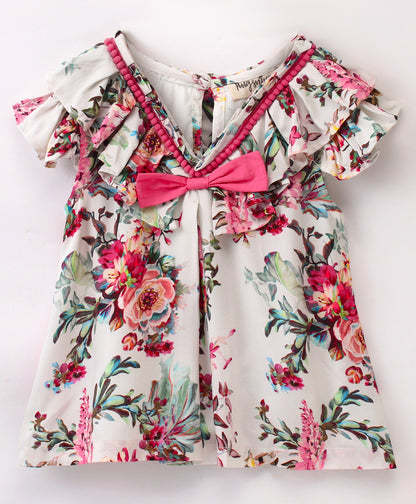 Cap Sleeves Seamless Vintage Style Floral Printed & Contrast Pom Pom Lace Embellished Bow Detailed Top - White & Pink