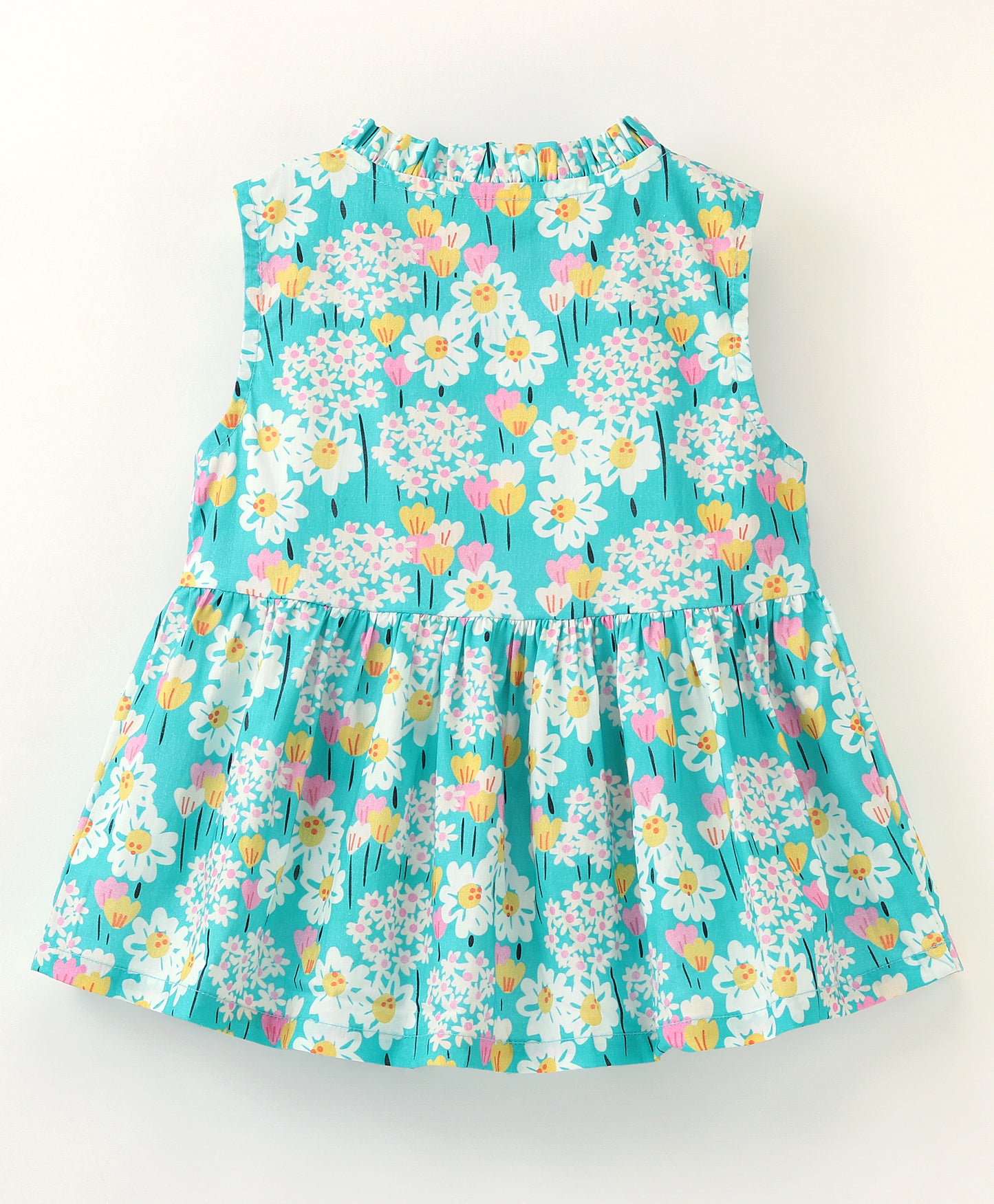Sleeveless Frill Detailed & Daisies Printed A Line Top - Blue