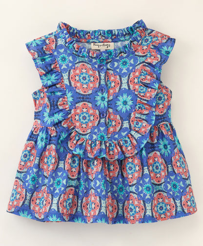 Sleeveless Frill Detailed & Kaleidoscope Printed A Line Top - Blue