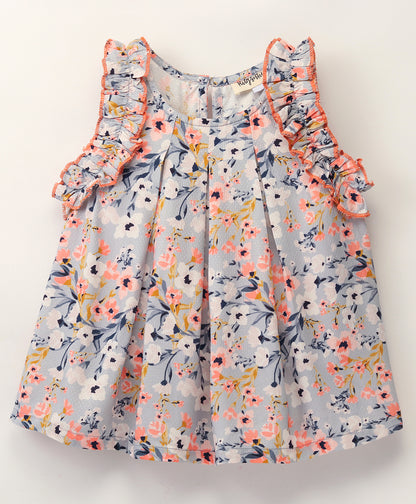 Sleeveless All Over Flowers Printed A Line Top With Contrast Edging On Shoulder Frills - Grey & Pink