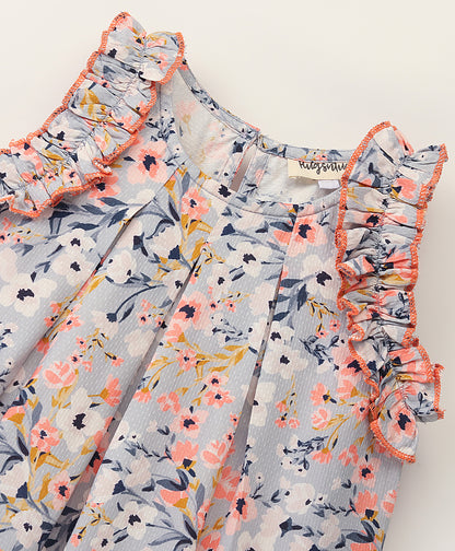 Sleeveless All Over Flowers Printed A Line Top With Contrast Edging On Shoulder Frills - Grey & Pink