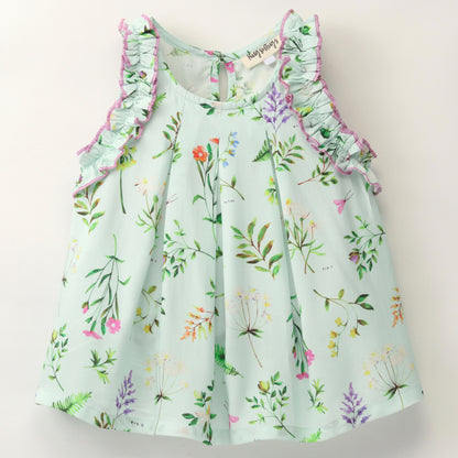 Sleeveless All Over Botanical Flowers Printed A Line Top With Contrast Edging On Shoulder Frills - Aqua Blue