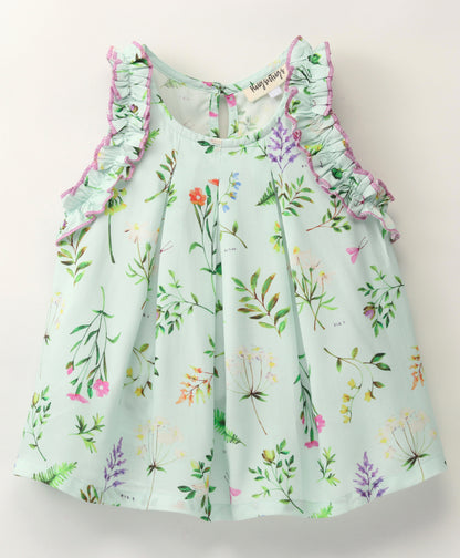 Sleeveless All Over Botanical Flowers Printed A Line Top With Contrast Edging On Shoulder Frills - Aqua Blue
