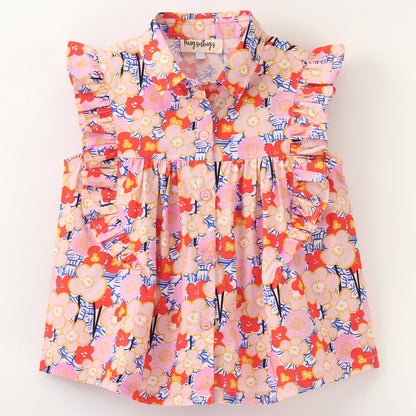 Frill Cap Sleeves Seamless Garden Flowers Printed Shirt Style Button Down Top - Pink & Red