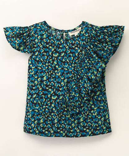 Frill Cap Sleeves Seamless Animal Print Top With Frill Across Front - Blue