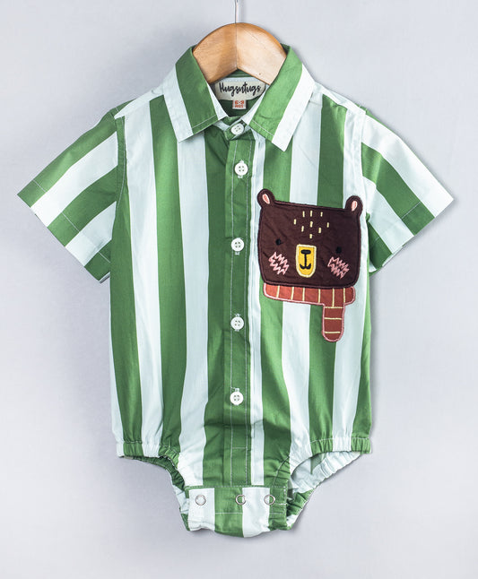 GREEN STRIPE ONESIE WITH BEAR PATCH WORK