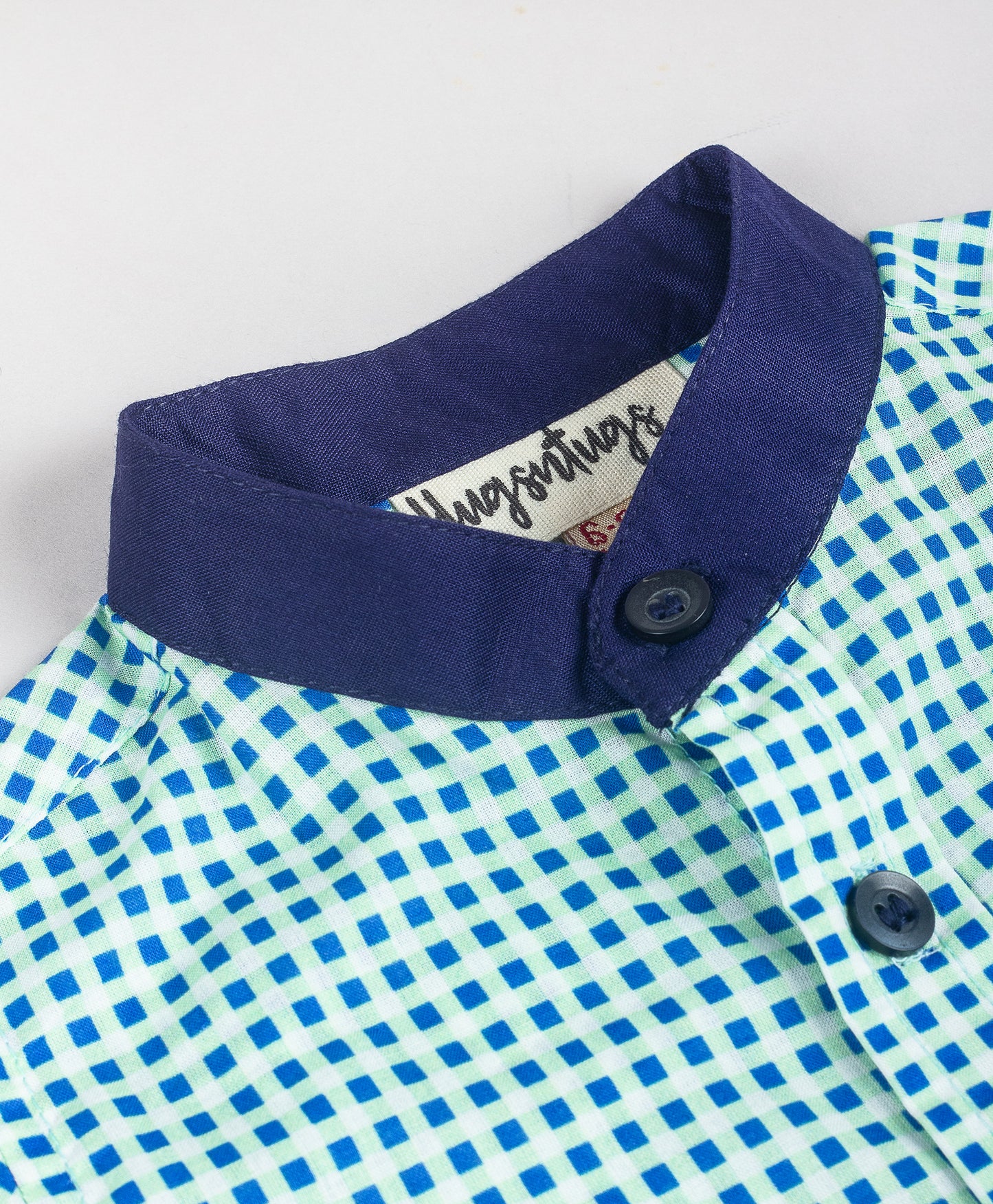 BLUE GHINGHAM CHECK PRINT WITH SOLID NAVY POCKET