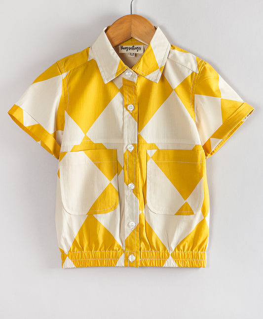 YELLOW DIAMOND PRINT TOP WITH ELASTICATED WAISTBAND