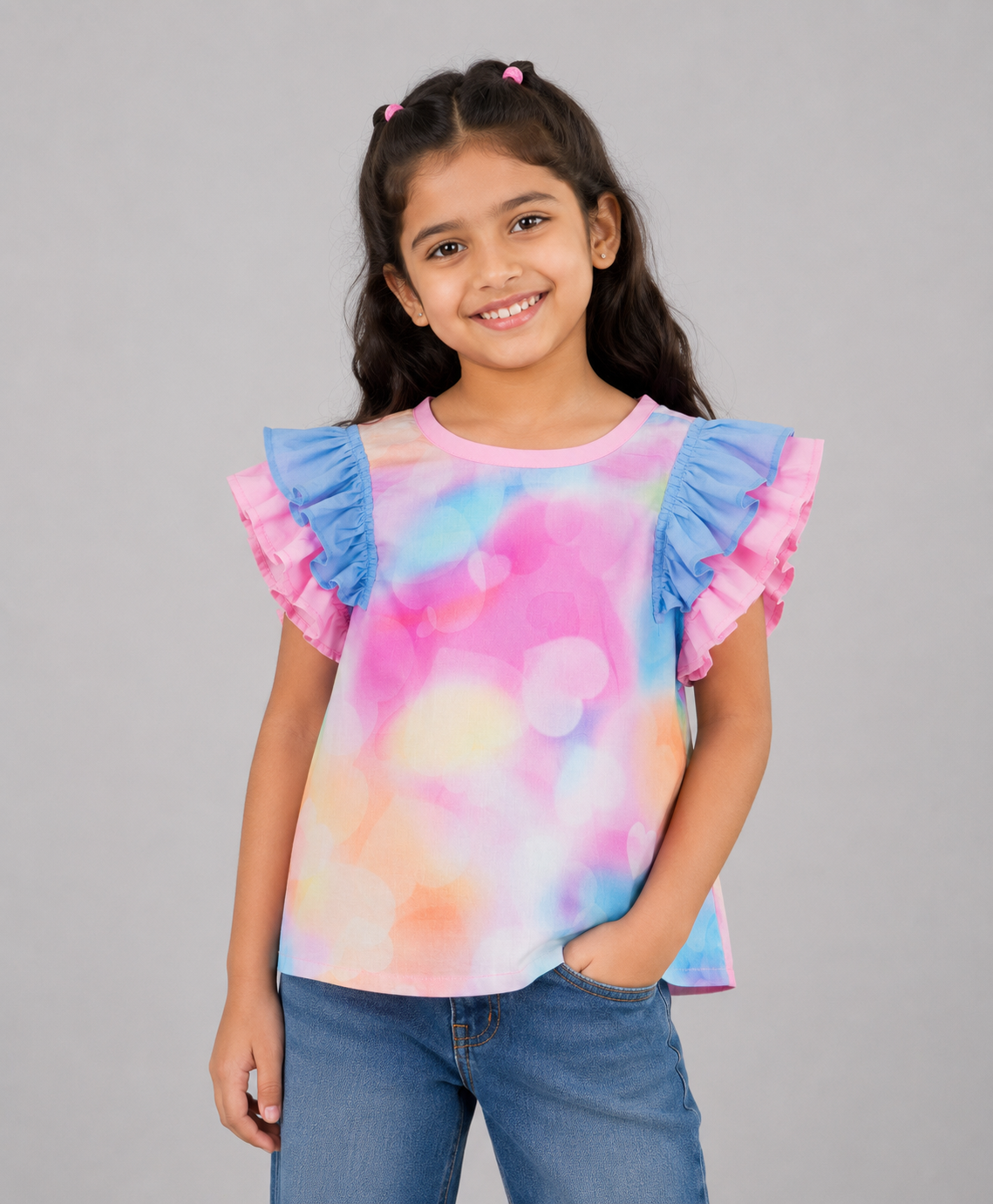 UNICORN CLOUD PRINT TOP WITH RUFFLES ON SHOULDER