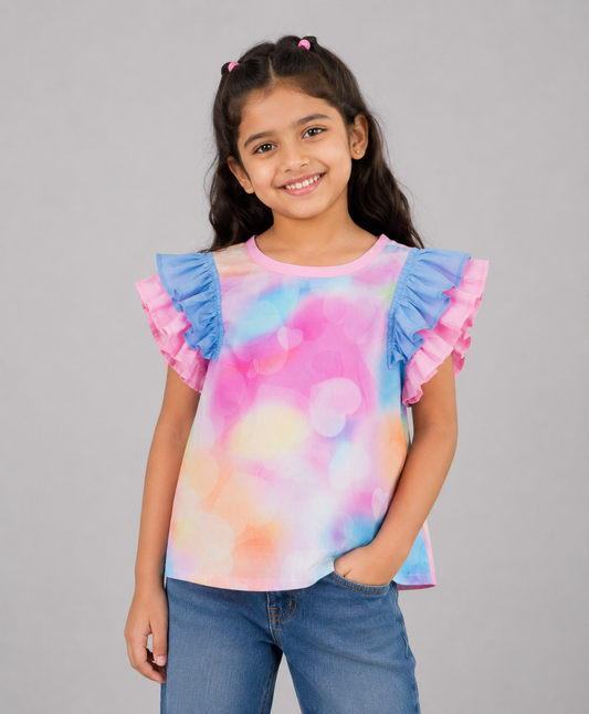 UNICORN CLOUD PRINT TOP WITH RUFFLES ON SHOULDER