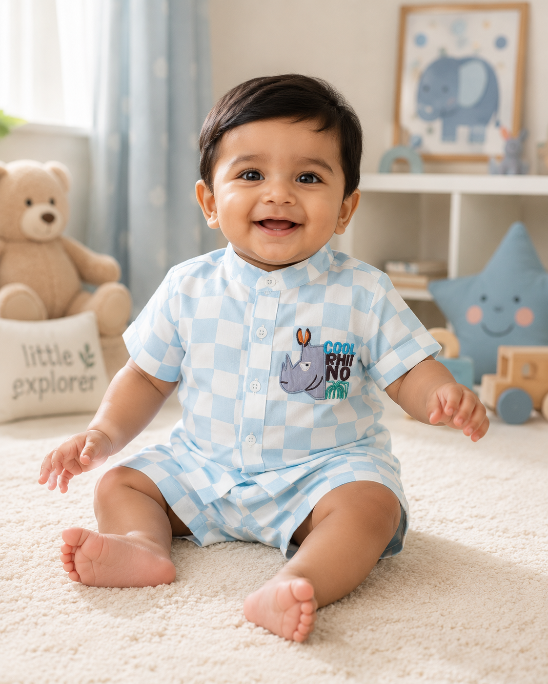 BLUE CHECK PRINT INFANT SHORTS SET