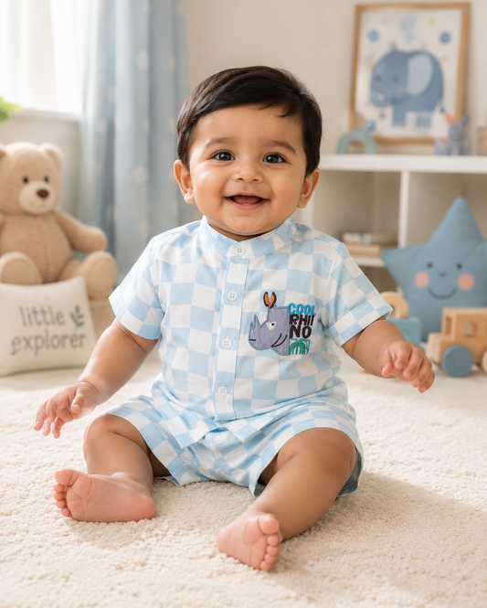 BLUE CHECK PRINT INFANT SHORTS SET