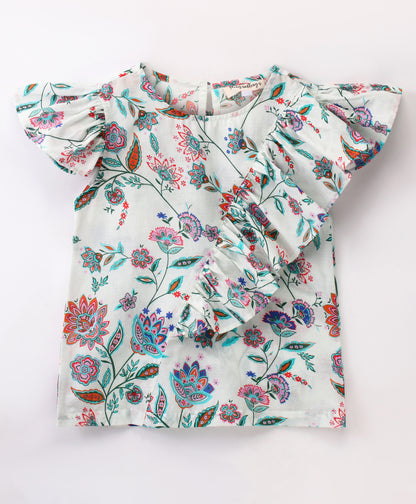 Frill Cap Sleeves Seamless Indian Floral Print Top With Frill Across Front - White & Blue