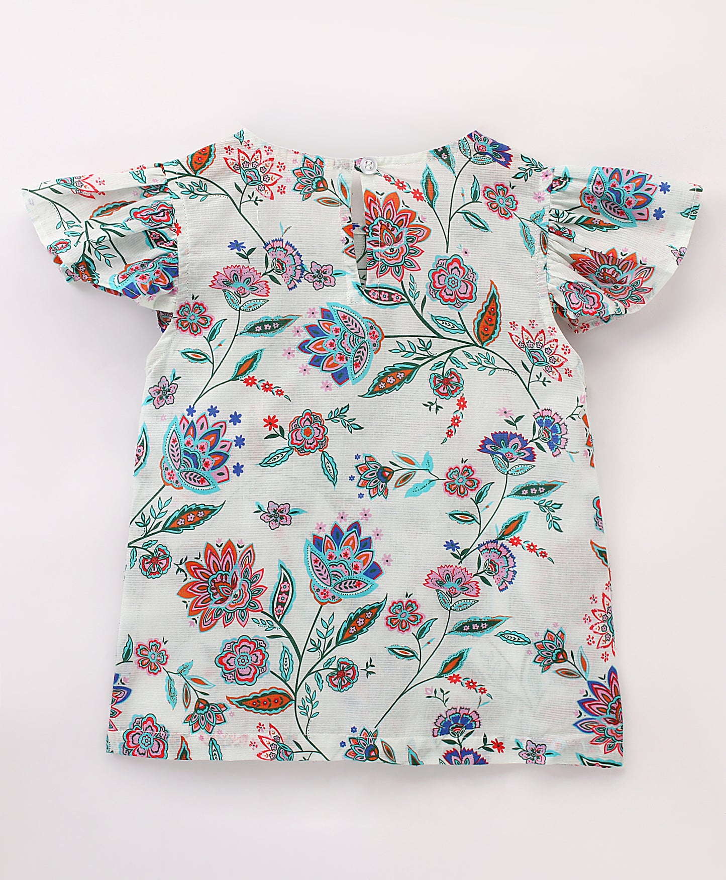 Frill Cap Sleeves Seamless Indian Floral Print Top With Frill Across Front - White & Blue