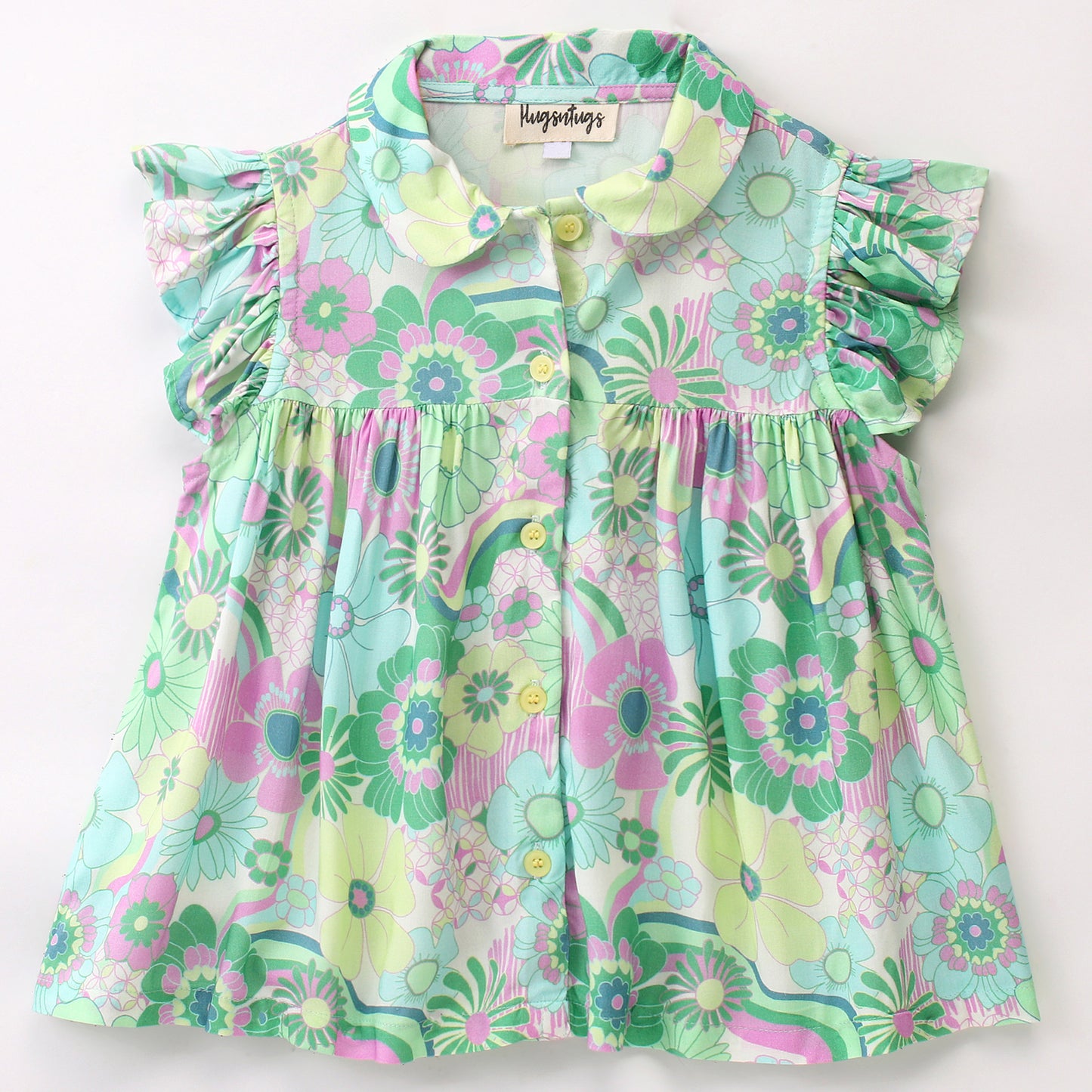 Frill Cap Sleeves Seamless Summer Flowers Printed Shirt Style Top With Frills - Green