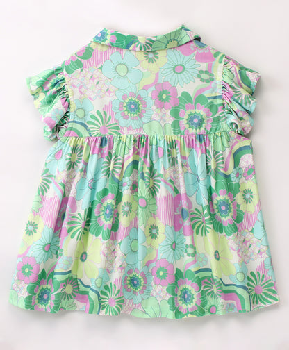 Frill Cap Sleeves Seamless Summer Flowers Printed Shirt Style Top With Frills - Green