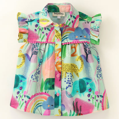 Frill Cap Sleeves All Over Animal & Rainbow Printed Shirt style Top With Frills - Multi Colour