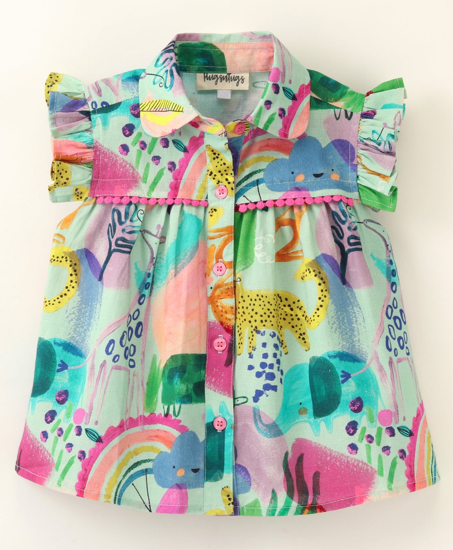 Frill Cap Sleeves All Over Animal & Rainbow Printed Shirt style Top With Frills - Multi Colour
