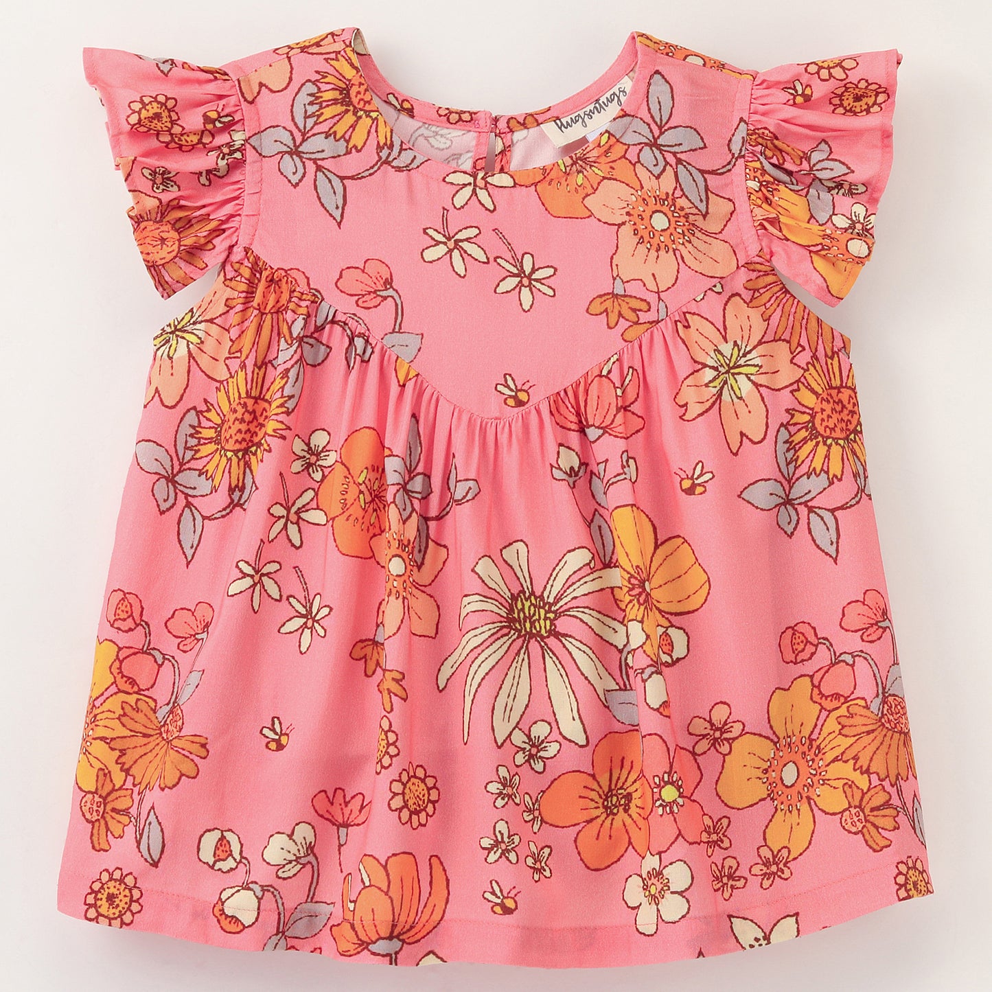 Frill Cap Sleeves All Over Hibiscus Flower Printed Top - Pink