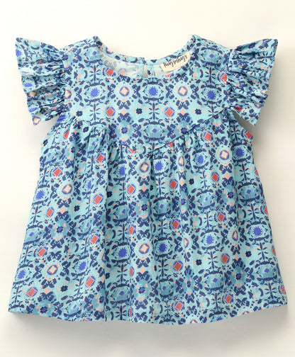 Frill Cap Sleeves Seamless Geometric Floral Printed Top - Blue