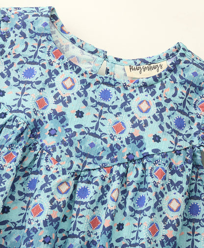 Frill Cap Sleeves Seamless Geometric Floral Printed Top - Blue