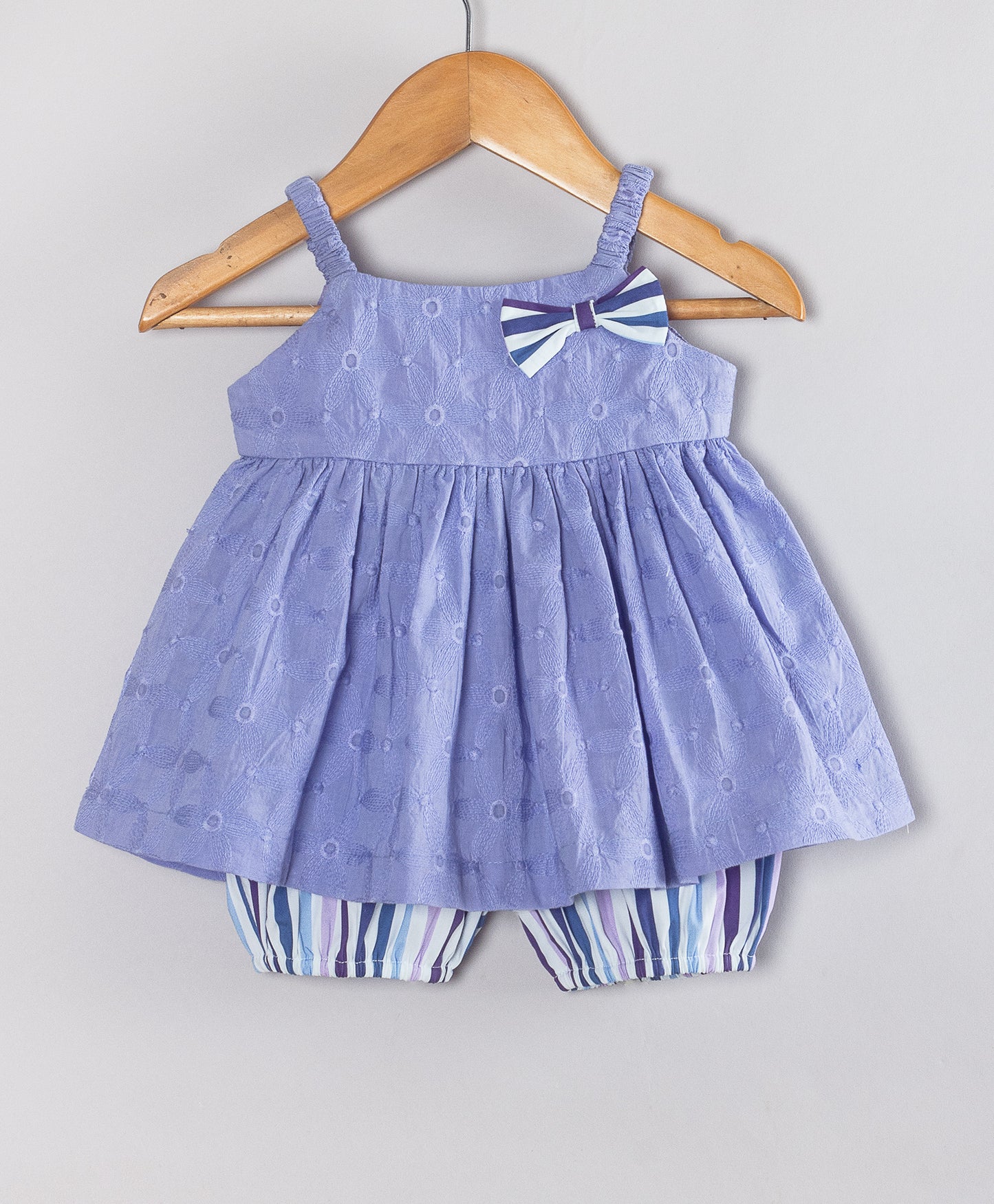 LIGHT PURPLE SCHIFFLI INFANT SET WITH STRIPE SHORTS