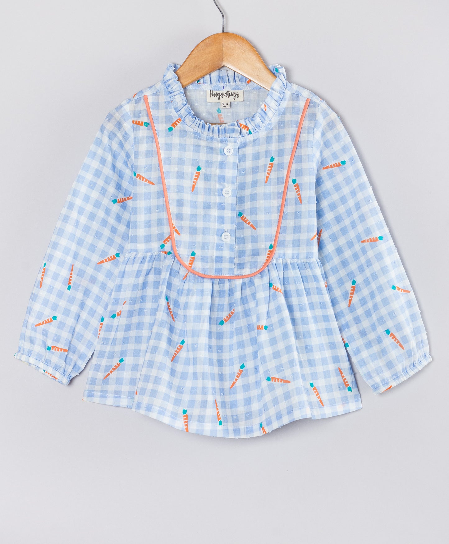 BLUE SMALL CHECK PRINT TOP WITH CARROT PRINT
