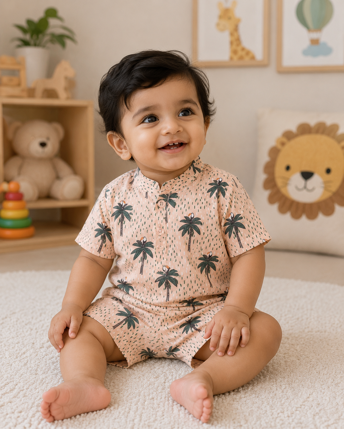 PEACH PALM PRINT INFANT SHORTS SET
