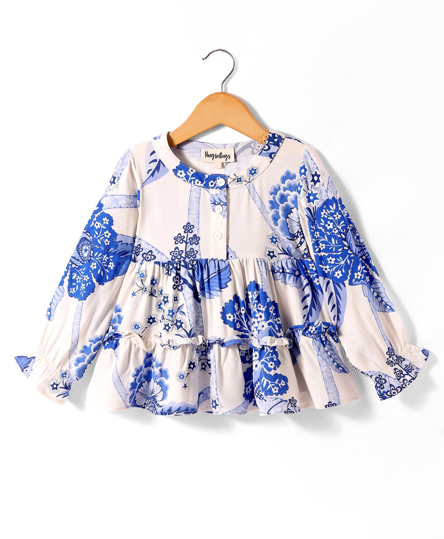 INDIGO BLUE FLORAL PRINT TOP WITH TIER FLOUNCE