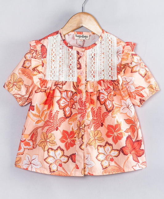 ORANGE FLORAL PRINT TOP WITH WHITE LACE APPLIQUÉD AT YOKE