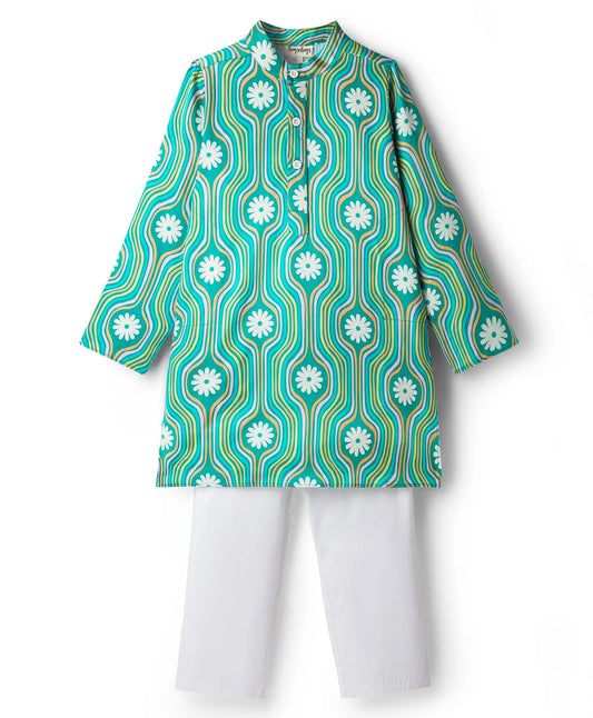 GREEN FLORAL GEOMETRIC PRINT KURTA SET