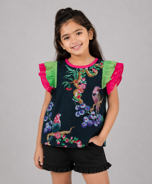 BLACK TOP WITH BIRD PRINT WITH CONTRAST FRILLS