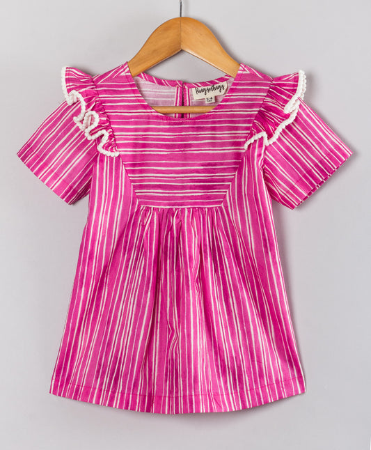 HOT PINK STRIPE PRINT TOP WITH CONTRAST LACE TRIMS