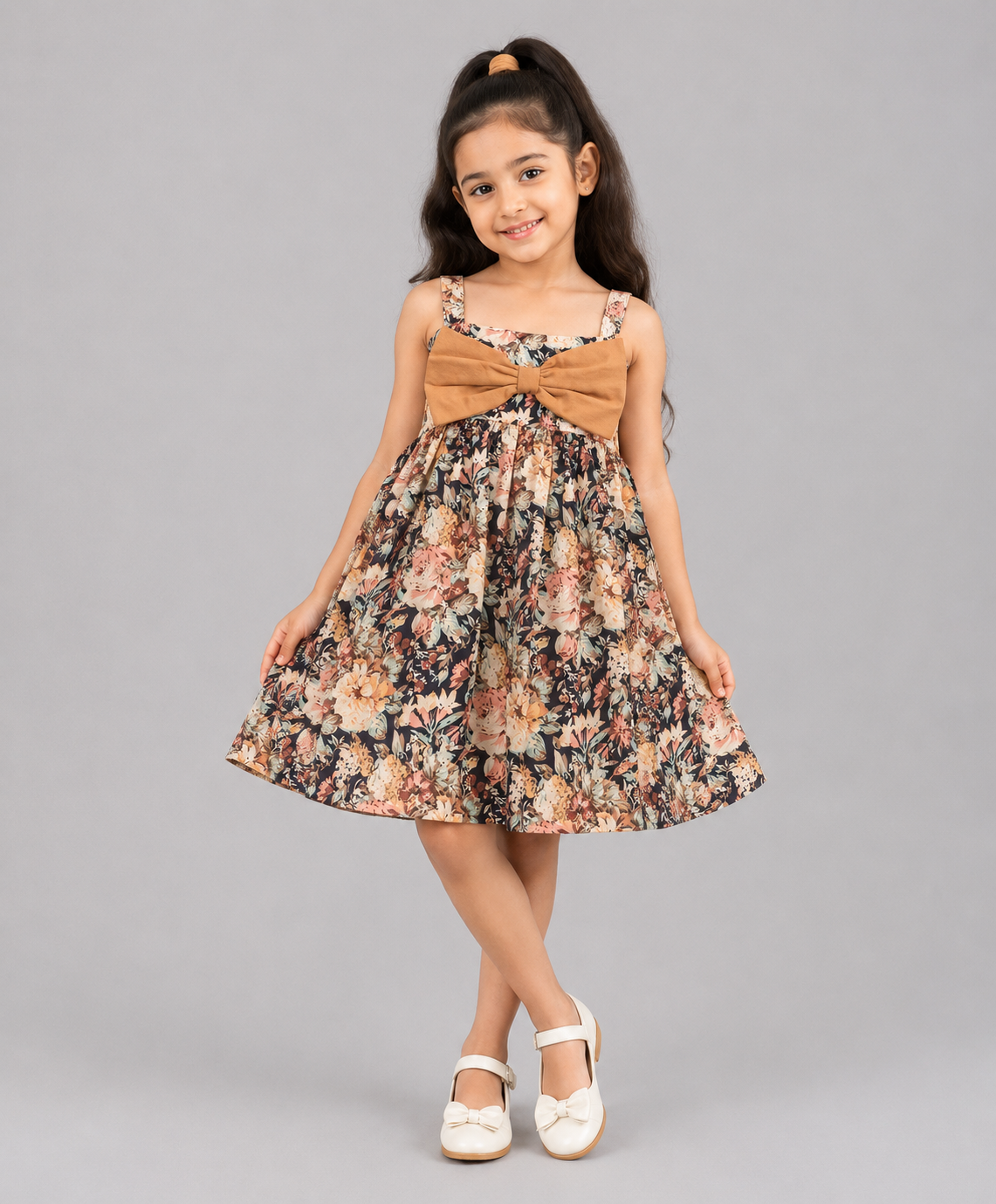 BROWN FLORAL PRINT DRESS WITH SOLID BIG BOW