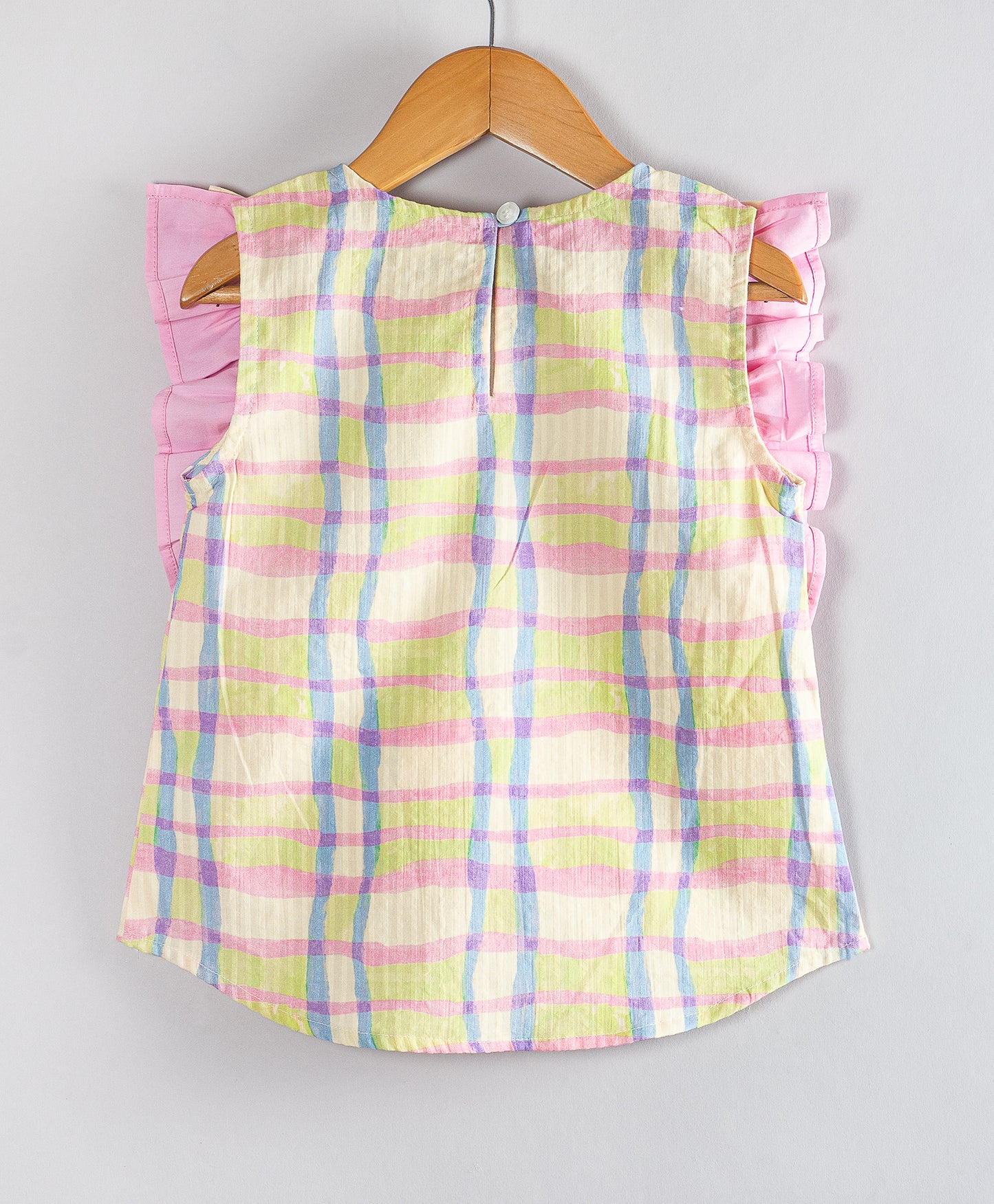 SOFT CHECK PRINT TOP WITH PINK FRILL