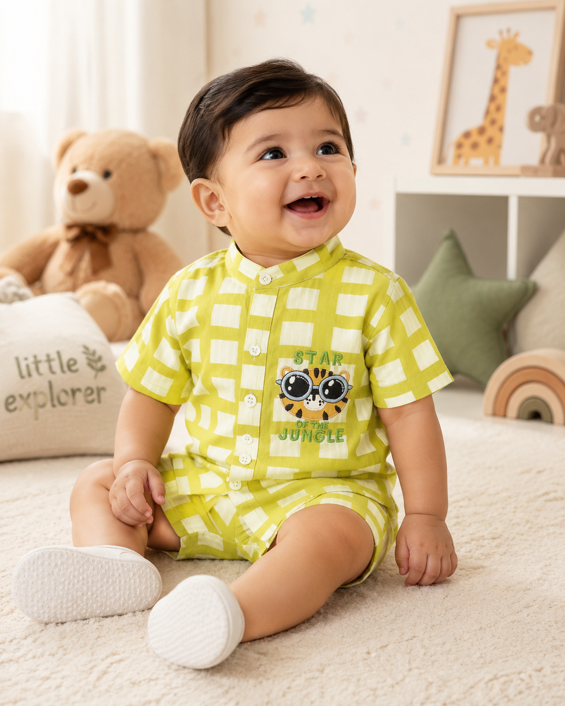 LIME GREEN CHECK INFANT SHORTS SET WITH TIGER EMBROIDERY PATCH