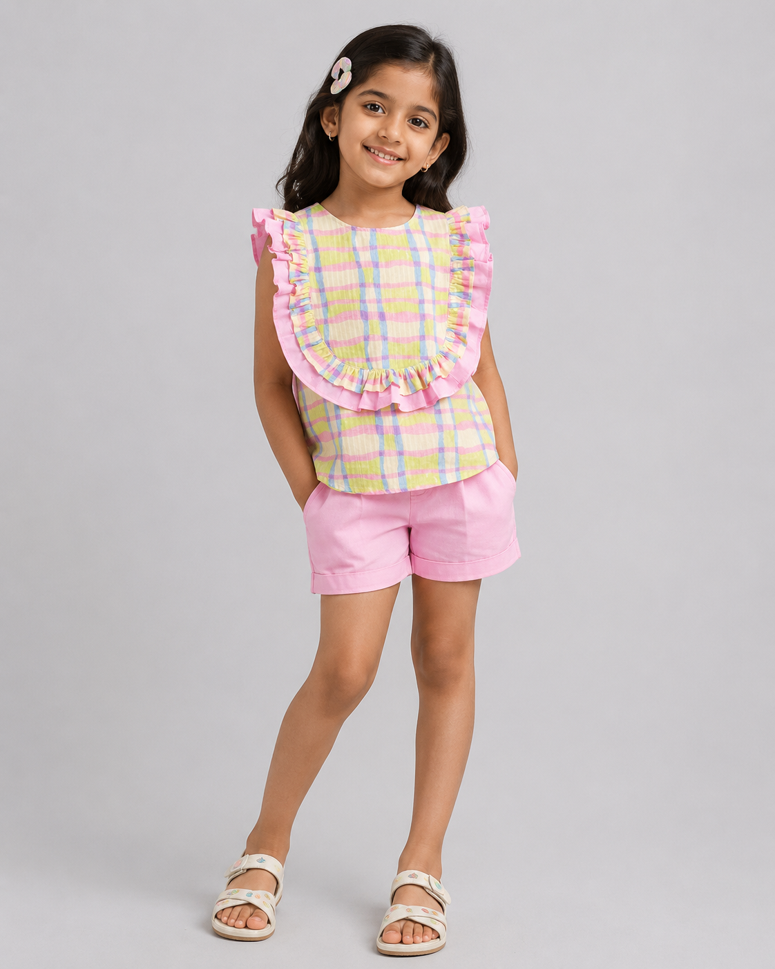 SOFT CHECK PRINT TOP WITH PINK FRILL