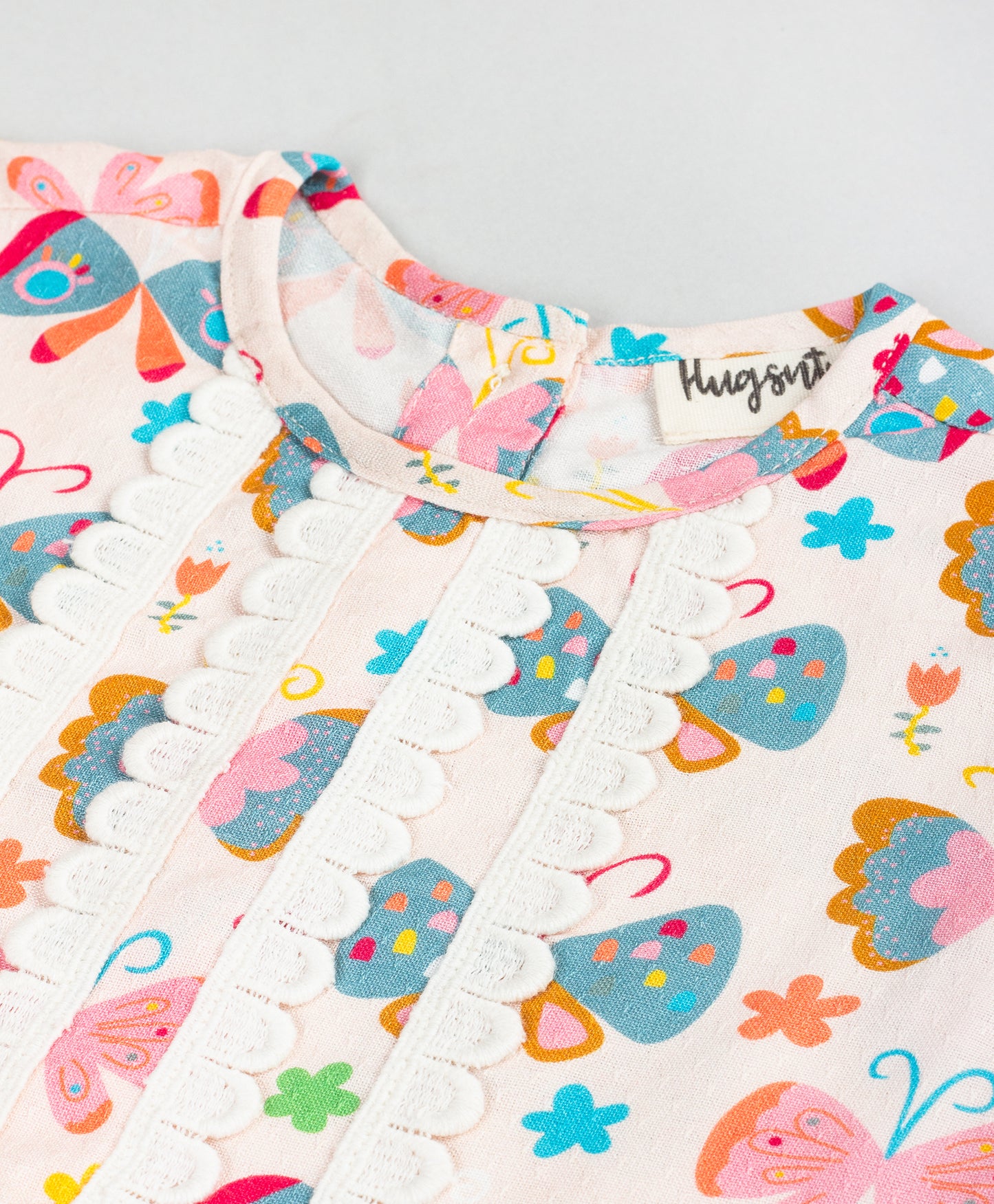 BUTTERFLY PRINT TOP WITH LACE DETAILING AT FRONT