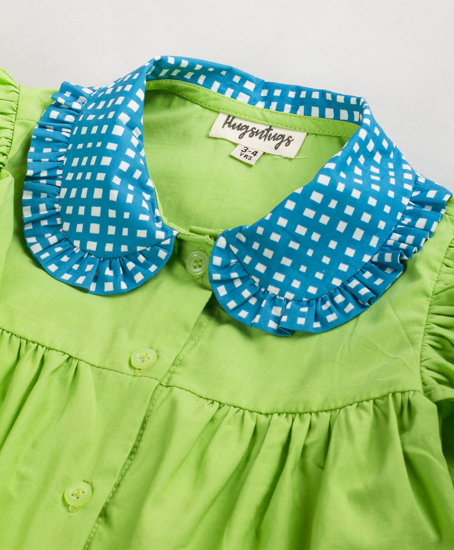 LIME GREEN TOP WITH BLUE CHECK PRINT COLLAR