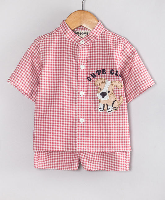 RED GHINGHAM PRINT SHORTS SET WITH EMBROIDERY PATCH
