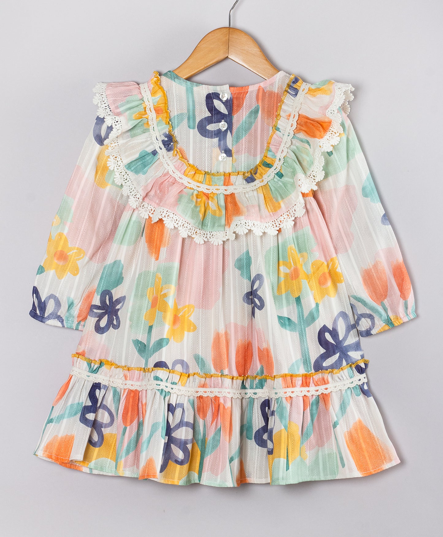 PASTEL FLORAL PRINT DRESS WITH LACE DETAILING AT YOKE