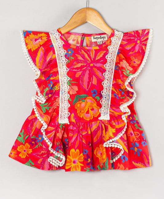 RED FLORAL PRINT PEPLUM TOP WITH CONTRAST LACE