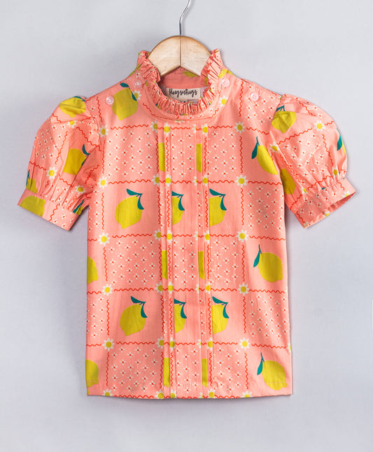 PEACH FRUIT AND FLORAL GRID PRINT TOP