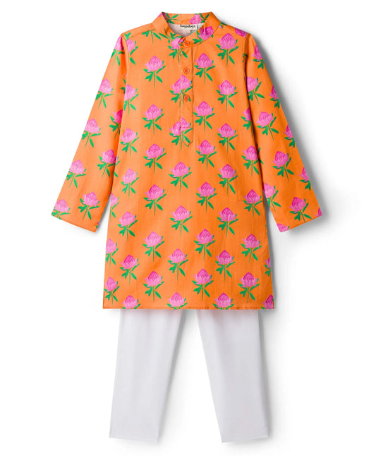 ORANGE LOTUS PRINT KURTA SET