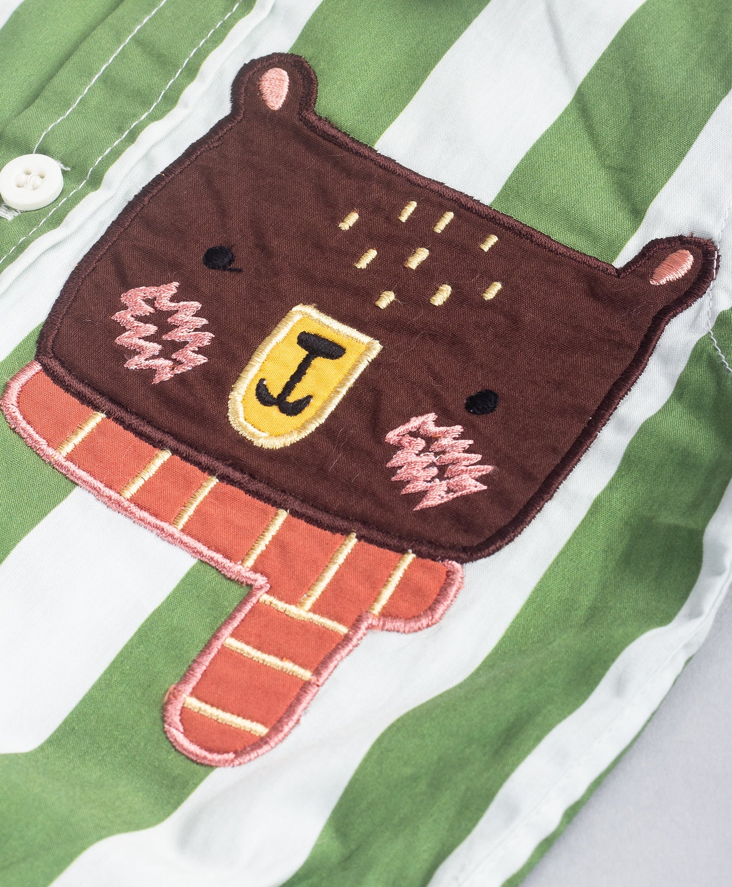 GREEN STRIPE ONESIE WITH BEAR PATCH WORK